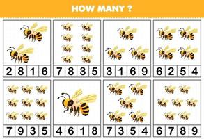 Education game for children counting how many cute cartoon bee in each table printable bug worksheet vector