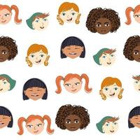 Seamless pattern with portraits of multiracial kids. Cute background with children faces. Flat style vector illustration.