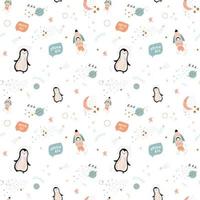 Colorful baby space vector seamless pattern with penguins, stars, rockets and planets. Vector illustration in simple hand drawn Scandinavian style. Best for baby nursery, clothes, baby shower decor.