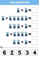 Education game for children fun addition by cut and match correct number for cute cartoon beetle printable bug worksheet vector