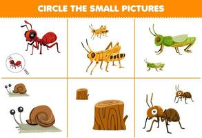 Education game for children choose the small picture of cute cartoon ant grasshopper snail wood log printable bug worksheet