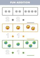 juego educativo para niños divertido además de contar y rastrear el número de lindos dibujos animados sol y planeta hoja de trabajo imprimible del sistema solar vector