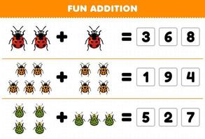 Education game for children fun addition by guess the correct number of cute cartoon ladybug printable bug worksheet vector