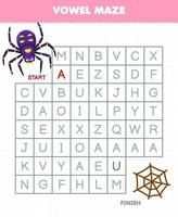 Education game for children vowel maze help cute cartoon spider move to web printable bug worksheet vector