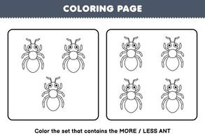 Education game for children coloring page more or less picture of cute cartoon ant line art set printable bug worksheet vector