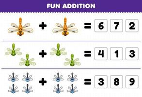 Education game for children fun addition by guess the correct number of cute cartoon dragonfly printable bug worksheet vector