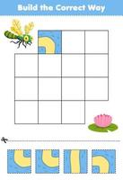 Education game for children build the correct way help cute cartoon dragonfly move to flower printable bug worksheet vector