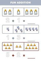 Education game for children fun addition by counting and tracing the number of cute cartoon spaceship radar rocket printable solar system worksheet vector