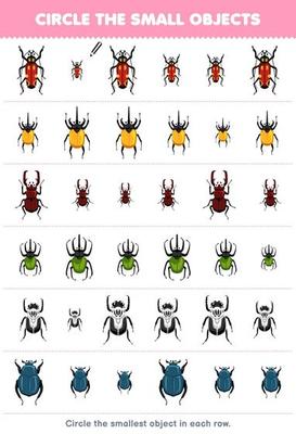 Education game for children circle the smallest object in each row of cute cartoon beetle printable bug worksheet