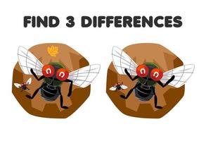 juego educativo para niños encuentra tres diferencias entre dos hojas de trabajo de insectos imprimibles de moscas de dibujos animados lindos vector