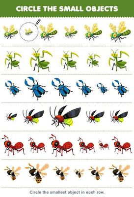 Education game for children circle the smallest object in each row of cute cartoon dragonfly mantis beetle firefly ant bee printable bug worksheet