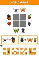 Education game for children logic puzzle build the road for fly move to beetle and moth printable bug worksheet vector