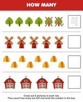 Education game for children count how many cute cartoon tree windmill haystack barn and write the number in the box printable farm worksheet vector