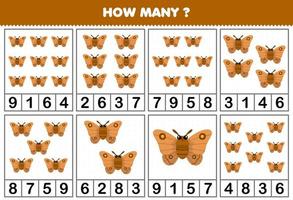 Education game for children counting how many cute cartoon moth in each table printable bug worksheet vector