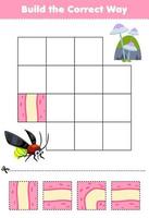 Education game for children build the correct way help cute cartoon firefly move to mushroom and stone printable bug worksheet vector