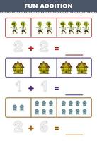 Education game for children fun addition by counting and tracing the number of cute cartoon zombie haunted house tombstone printable halloween worksheet vector