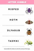 juego educativo para niños revoltijo de letras escribe el nombre correcto para la hoja de trabajo imprimible de insecto vector