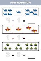 Education game for children fun addition by counting and tracing the number of cute cartoon ship airplane tank printable transportation worksheet vector