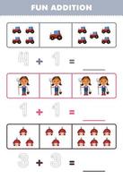 Education game for children fun addition by counting and tracing the number of cute cartoon tractor farmer barn printable profession worksheet vector