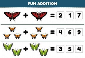 Education game for children fun addition by guess the correct number of cute cartoon butterfly printable bug worksheet vector