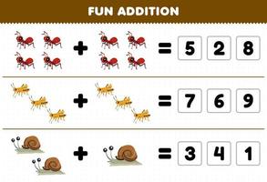 Education game for children fun addition by guess the correct number of cute cartoon ant grasshopper snail printable bug worksheet vector