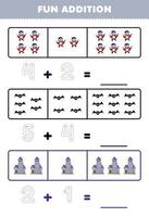 Education game for children fun addition by counting and tracing the number of cute cartoon dracula bat castle printable halloween worksheet vector