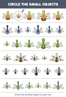 Education game for children circle the smallest object in each row of cute cartoon dragonfly printable bug worksheet