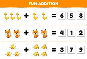 Education game for children fun addition by guess the correct number of cute cartoon duck fox fish printable animal worksheet vector