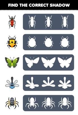 Education game for children find the correct shadow silhouette of cute cartoon beetle ladybug butterfly dragonfly spider printable bug worksheet