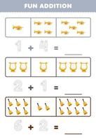 Education game for children fun addition by counting and tracing the number of cartoon trumpet lyre bell printable music instrument worksheet vector