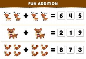 Education game for children fun addition by guess the correct number of cute cartoon deer dog chipmunk printable animal worksheet vector