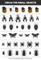 juego educativo para niños encierra en un círculo el objeto más pequeño en cada fila de dibujos animados lindo escarabajo escorpión piojo mariposa araña hoja de trabajo de error imprimible vector