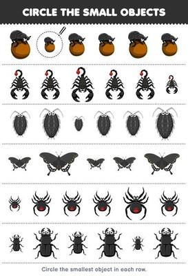 Education game for children circle the smallest object in each row of cute cartoon beetle scorpion louse butterfly spider printable bug worksheet