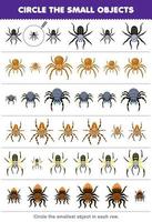 juego educativo para niños encierra en un círculo el objeto más pequeño en cada fila de la linda hoja de trabajo imprimible de insecto de araña de dibujos animados vector
