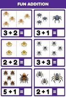 Education game for children fun addition by counting and sum of cute cartoon spider printable bug worksheet vector