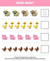 Education game for children count how many cute cartoon sheep duck pig chicken and write the number in the box printable animal worksheet vector