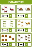 Education game for children fun addition by counting and sum of cute cartoon ant snail grasshopper wood log printable bug worksheet vector