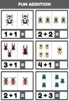 Education game for children fun addition by counting and sum of cute cartoon beetle printable bug worksheet vector