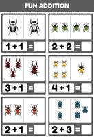 Education game for children fun addition by counting and sum of cute cartoon beetle printable bug worksheet vector