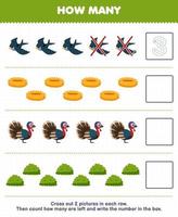 Education game for children count how many cute cartoon bird nest turkey bush and write the number in the box printable farm worksheet vector