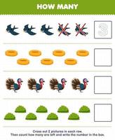 juego educativo para niños cuente cuántos arbustos de pavo de nido de pájaro de dibujos animados lindos y escriba el número en el cuadro hoja de trabajo de granja imprimible vector