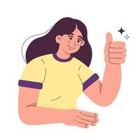 joven feliz sonriente mujer o niña adolescente personaje de dibujos animados mostrando los pulgares hacia arriba. éxito y consecución de objetivos. como signo arte en estilo de dibujos animados. ilustración vectorial plana aislada sobre fondo blanco. vector