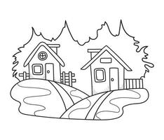 Village houses on hills and forest landscape. Building in cartoon style. Line art drawing. Hand drawn vector illustration isolated on white background.