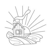 Cute house on hill and sunrise landscape. Building in cartoon style. Line art drawing. Hand drawn vector illustration isolated on white background.