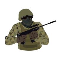 Army soldier in camouflage combat uniform aiming a gun. Portrait in flat cartoon style. Vector illustration isolated on white background.