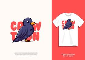 cute crow vector illustration, flat cartoon style design, with added view on t-shirt.