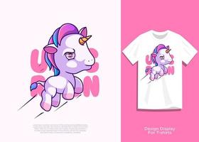 linda ilustración vectorial de unicornio, diseño de estilo de dibujos animados planos, con aspecto adicional en la camiseta. vector