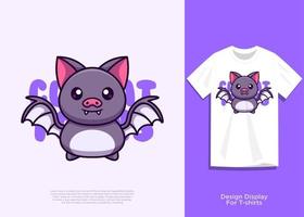 cute bat vector illustration, flat cartoon style design, with added view on t-shirt.