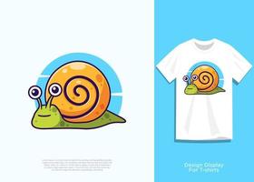 cute snail vector illustration, flat cartoon style design, with added view on t-shirt.