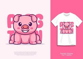 cute pig vector illustration, flat cartoon style design, with added look on t-shirt.